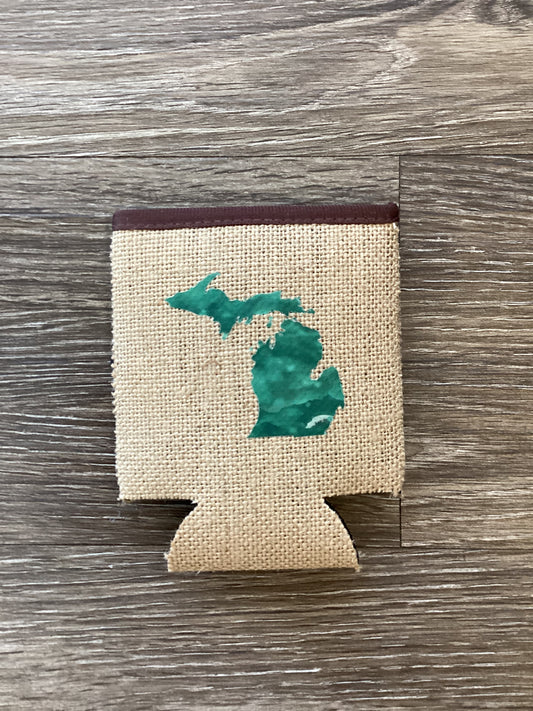 Watercolor - Dark Green - Michigan - Burlap Koozie
