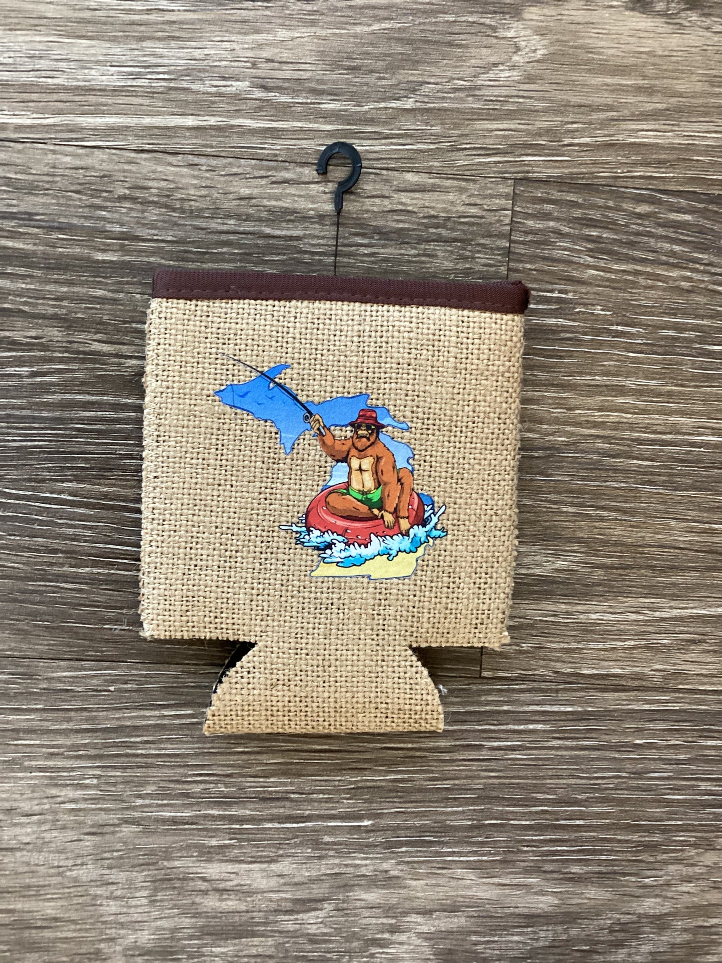 Sasquatch Tube Fishing Beach - Michigan - Burlap Koozie