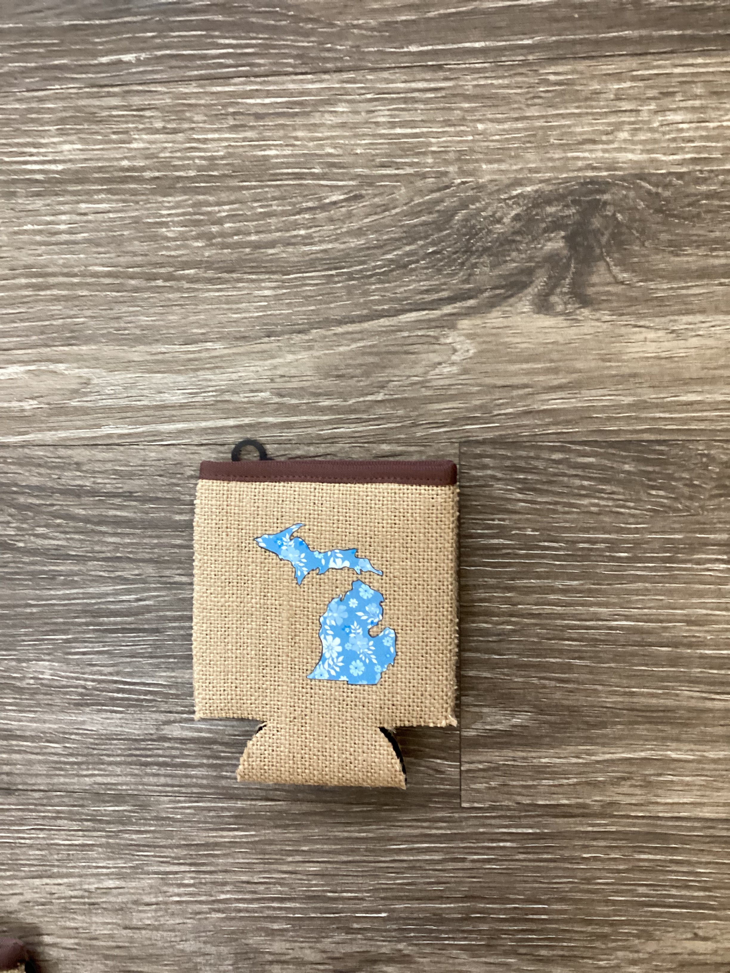 Blossoms - Blue - Michigan - Burlap Koozie