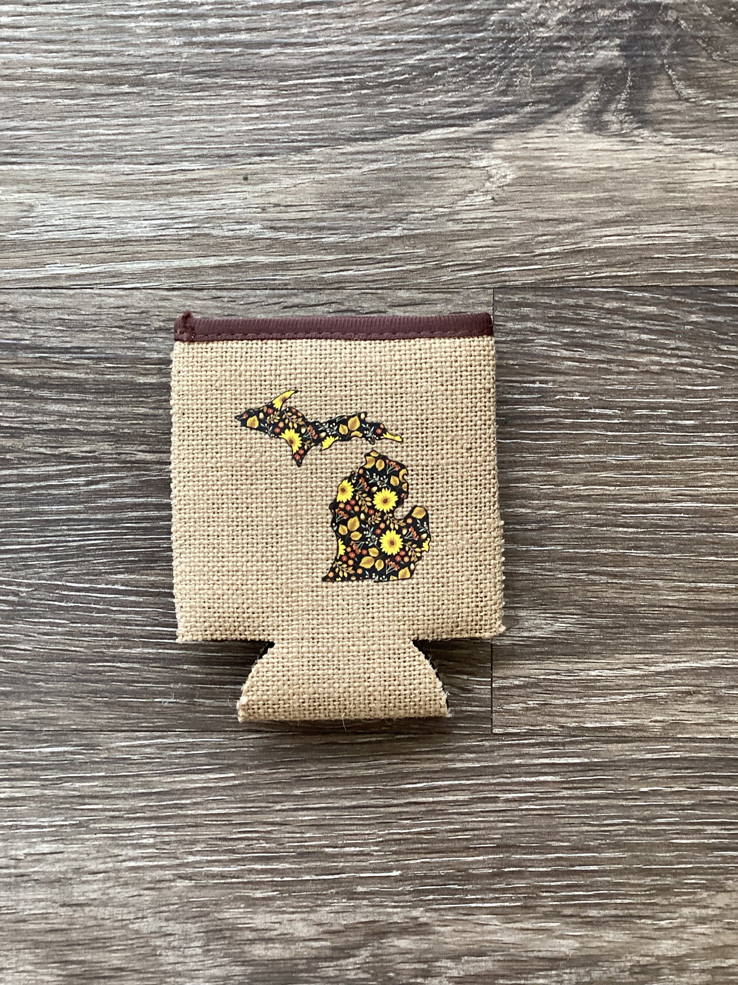 Blossoms - Sunflower - Michigan - Burlap Koozie