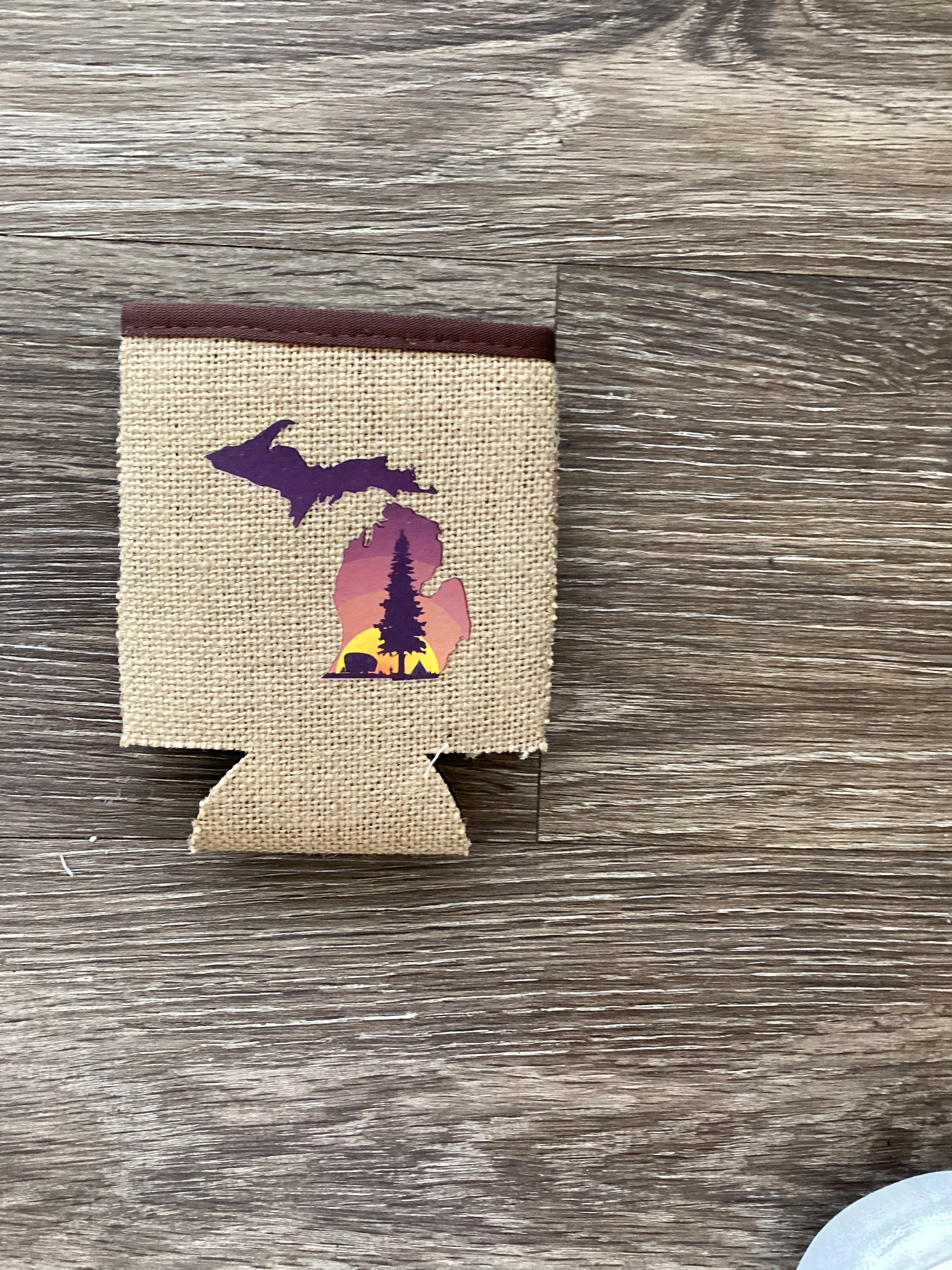 Sunrise camper - Michigan - Burlap Koozie