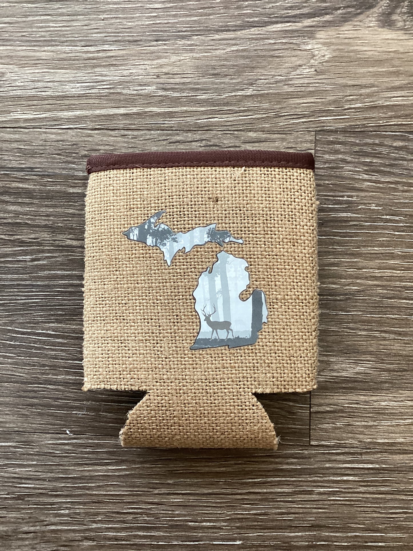 Deer - Woods - Michigan - Burlap Koozie
