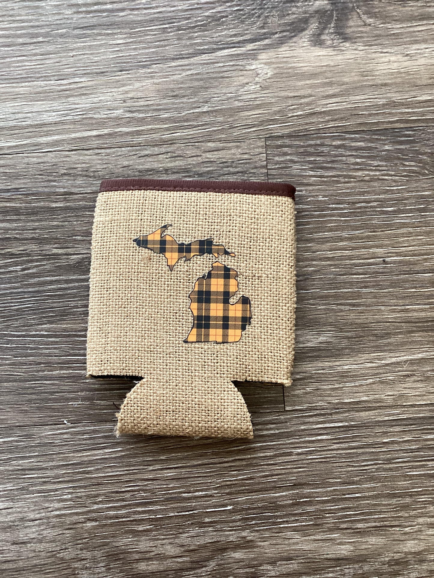 Plaid - Orange - Michigan - Burlap Koozie