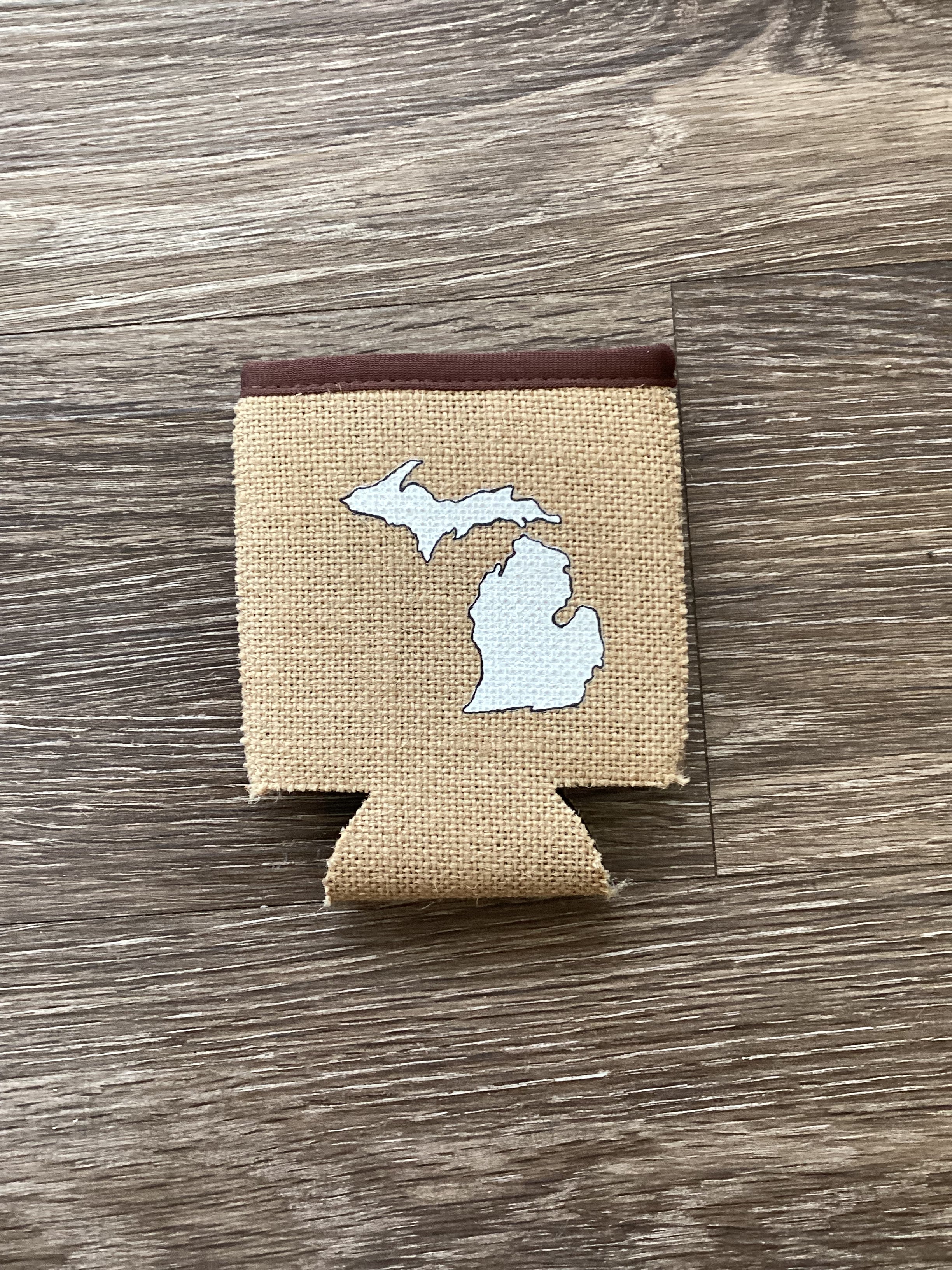 White Michigan - Michigan - Burlap Koozie