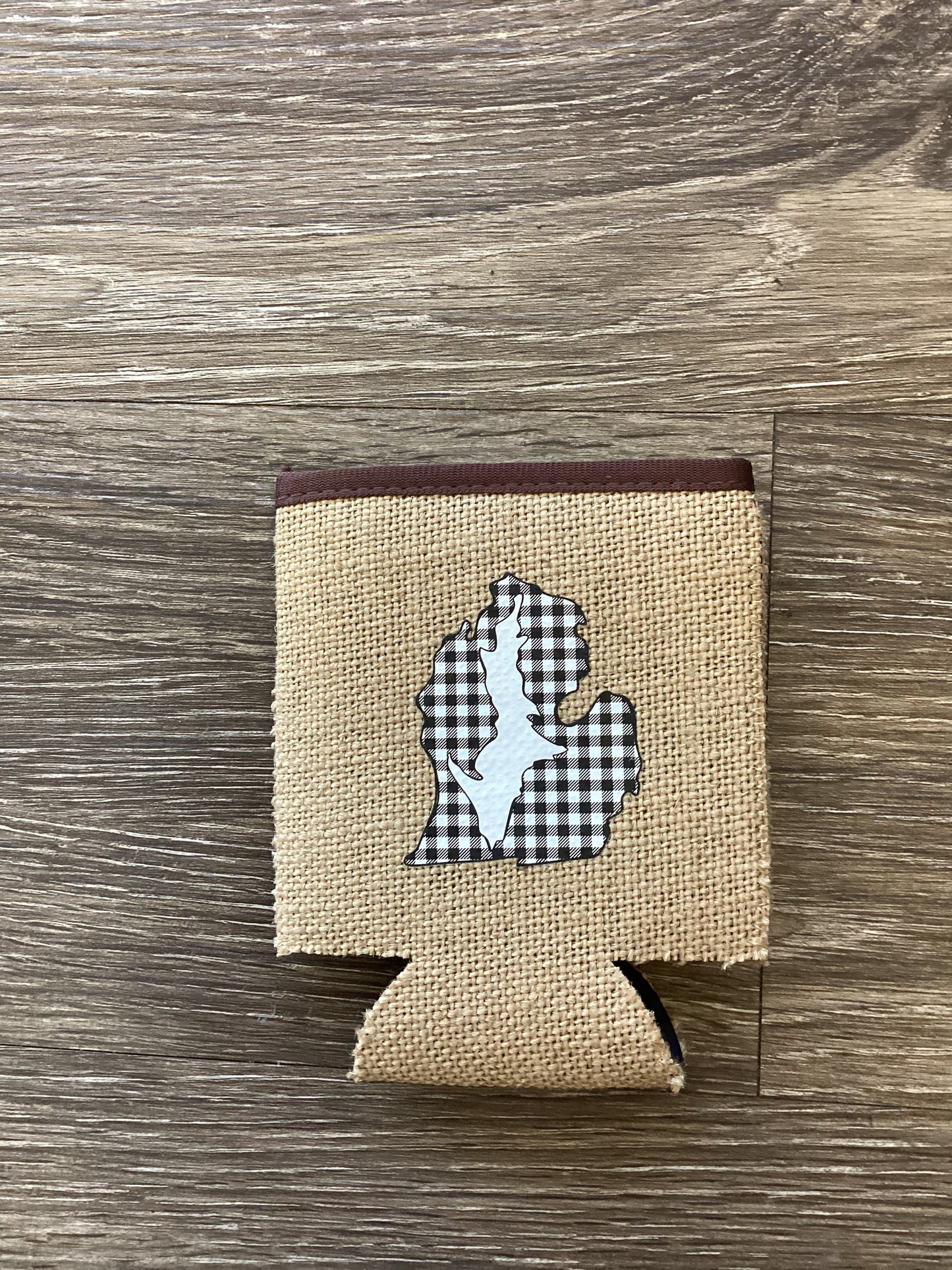 Plaid - BW - Up Inside - Michigan - Burlap Koozie