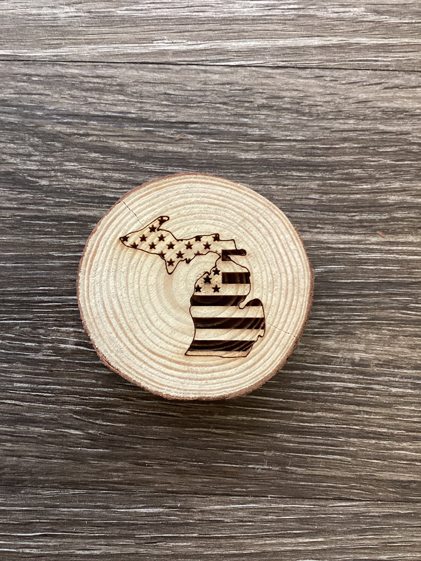 American Flag - Michigan - Wooden Log Magnet