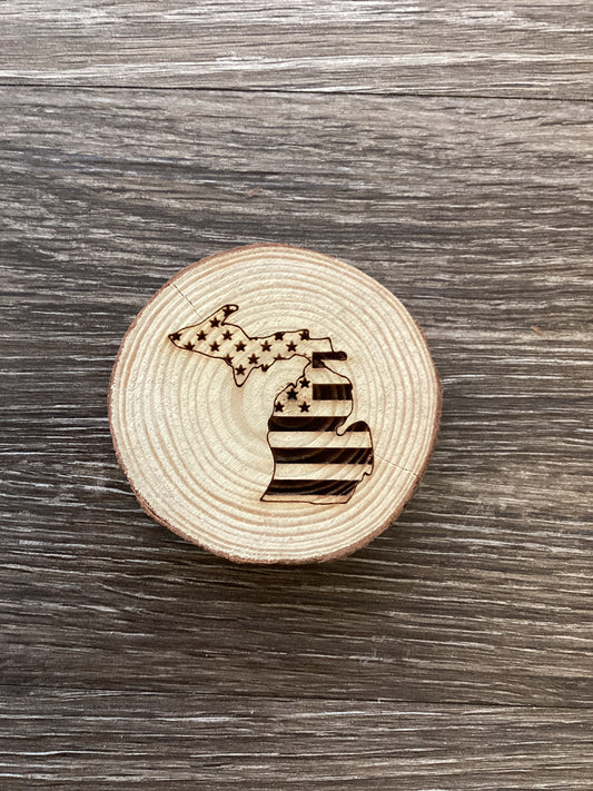 American Flag - Michigan - Wooden Log Magnet