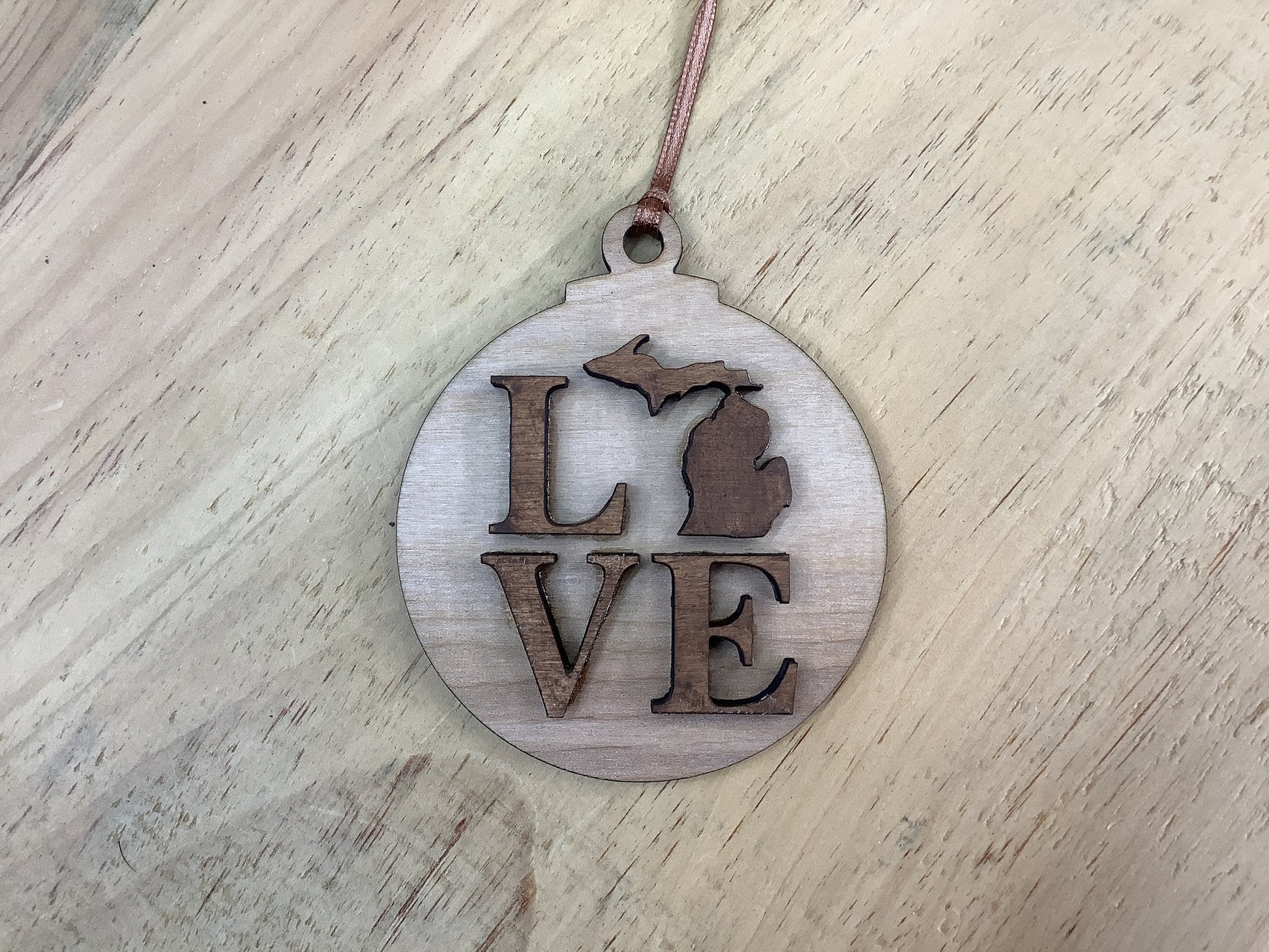 'Love' Michigan - Word - Wooden Engraved Ornament