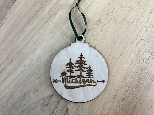 'Michigan' Forest - Bulb Shape - Wood Engraved Ornament