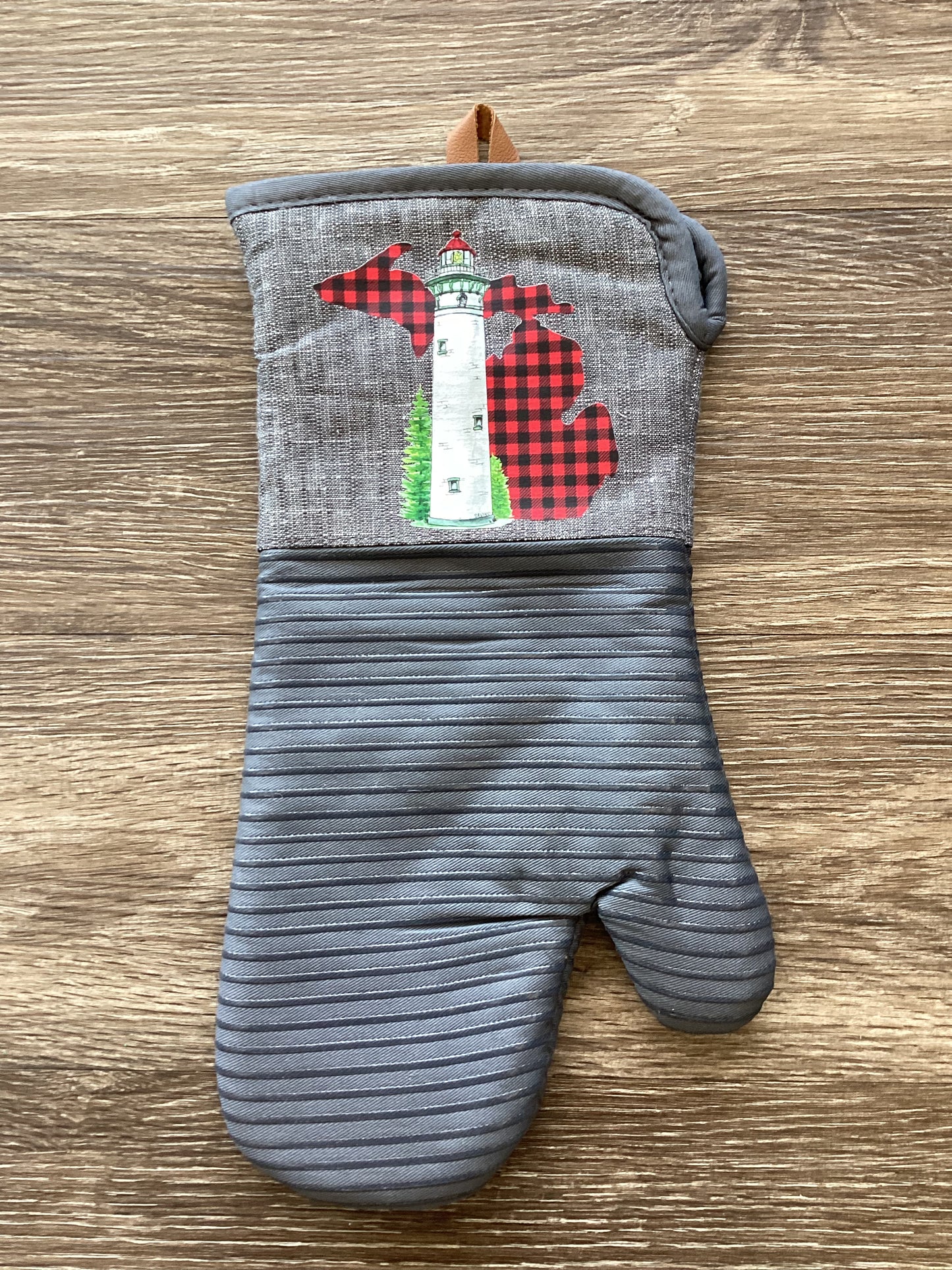 Plaid - Red - Lighthouse - Michigan - Large Oven Mitt