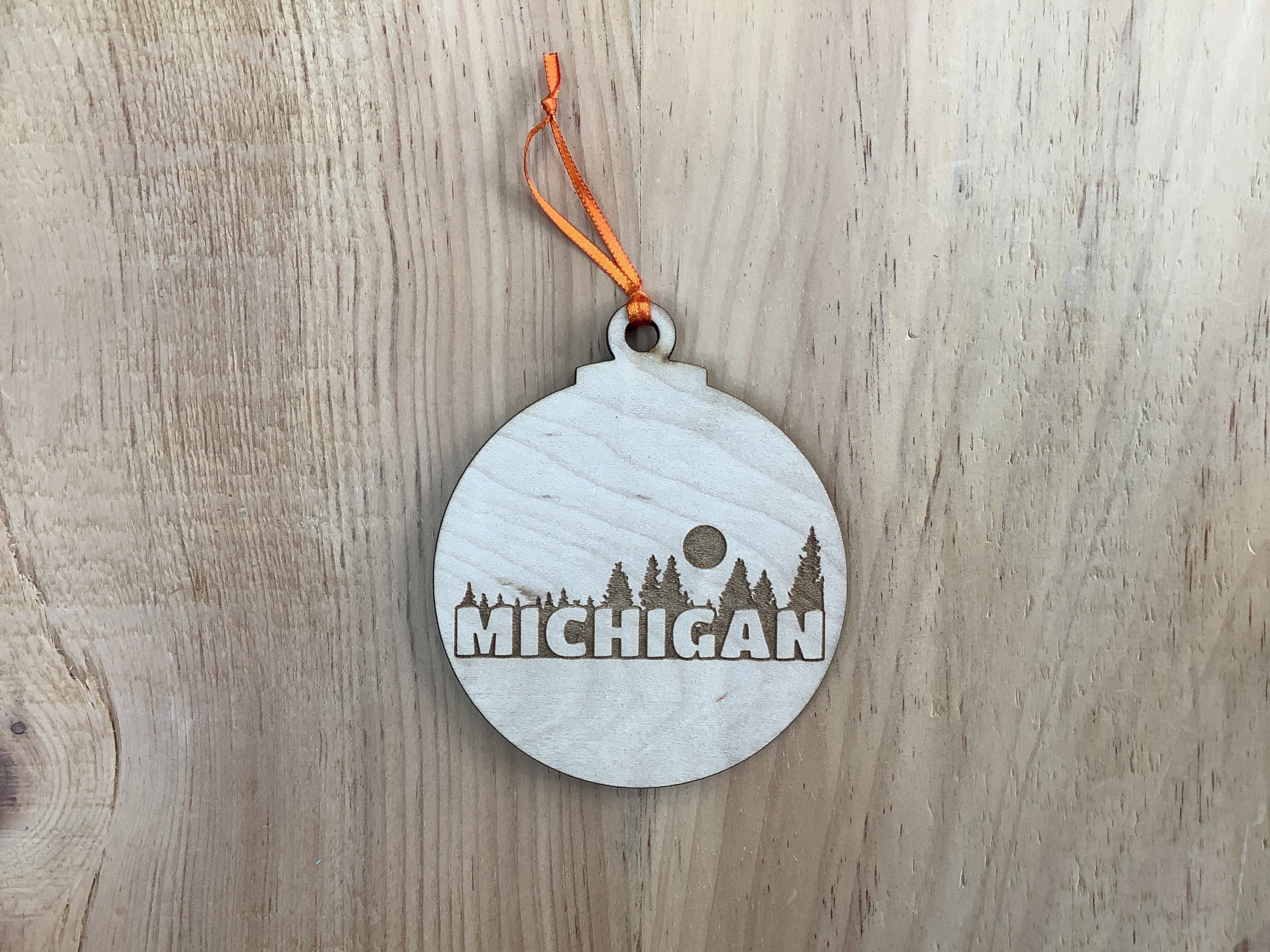 Trees of 'Michigan' - Bulb Shape - Wood Engraved Ornament