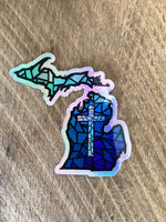 Stained Glass  - Cross - Blue - Michigan - Waterproof Sticker (3