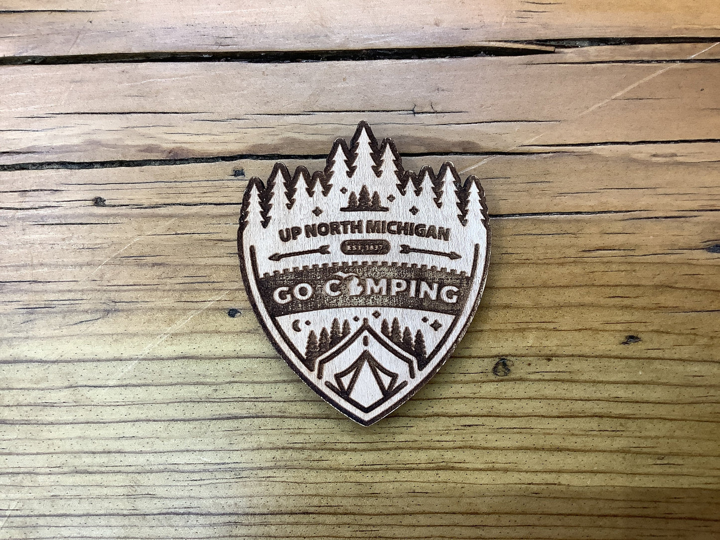 'Up North Michigan Go Camping' - Badge - Wooden Magnet