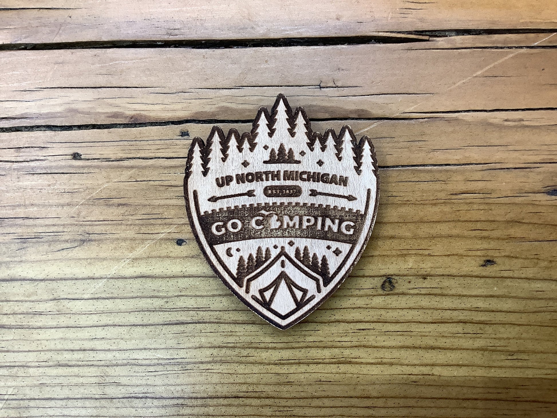 'Up North Michigan Go Camping' - Badge - Wooden Magnet