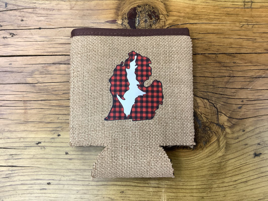 Red Plaid - UP inside LP - Heather Gray Koozie