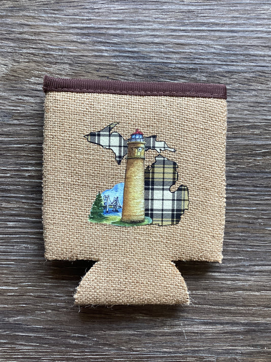 Lighthouse - Big Mac Point - Plaid Brown - Michigan - Burlap Koozie
