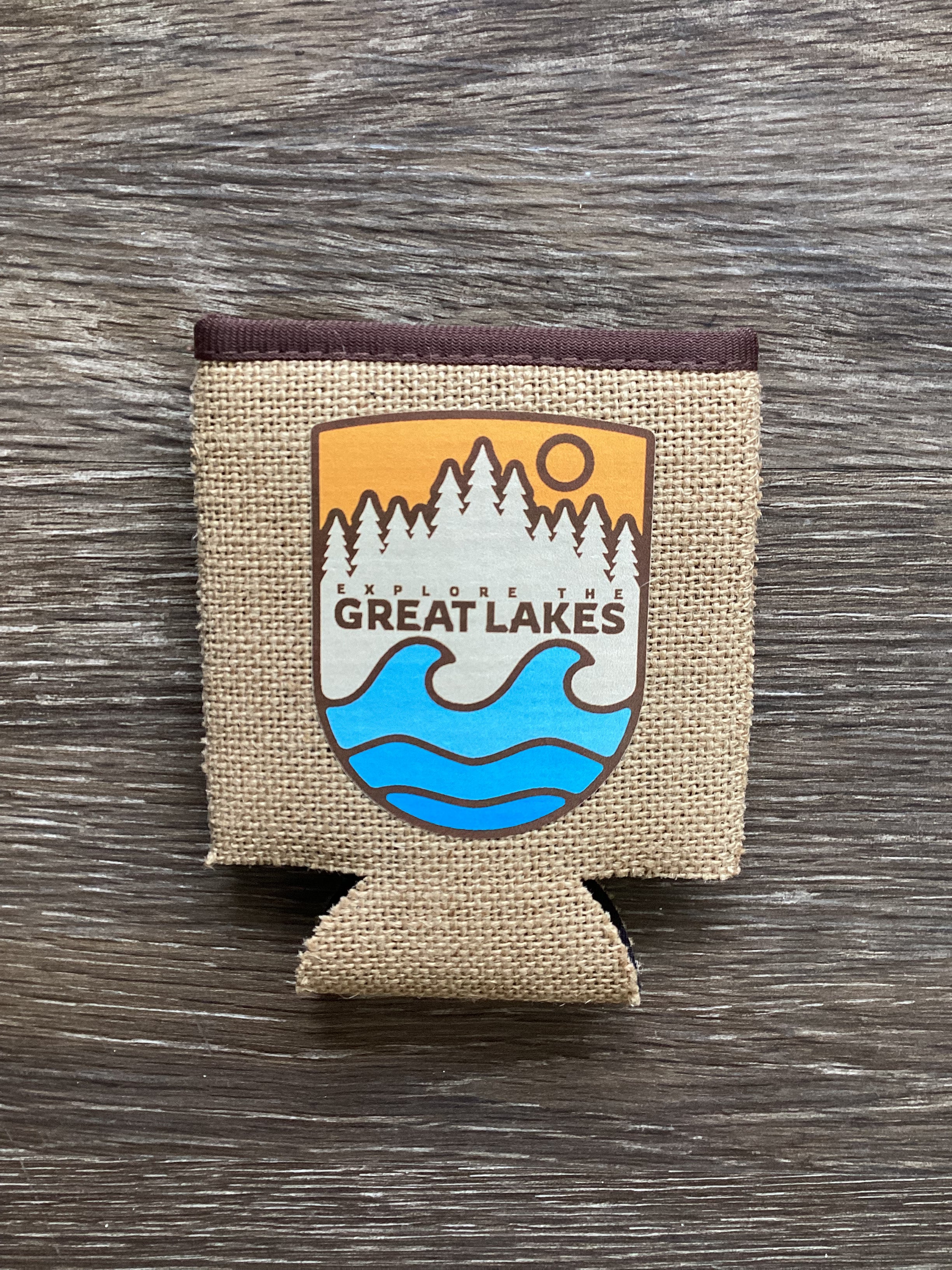 Explore The Great Lakes - Badge - Burlap Koozie