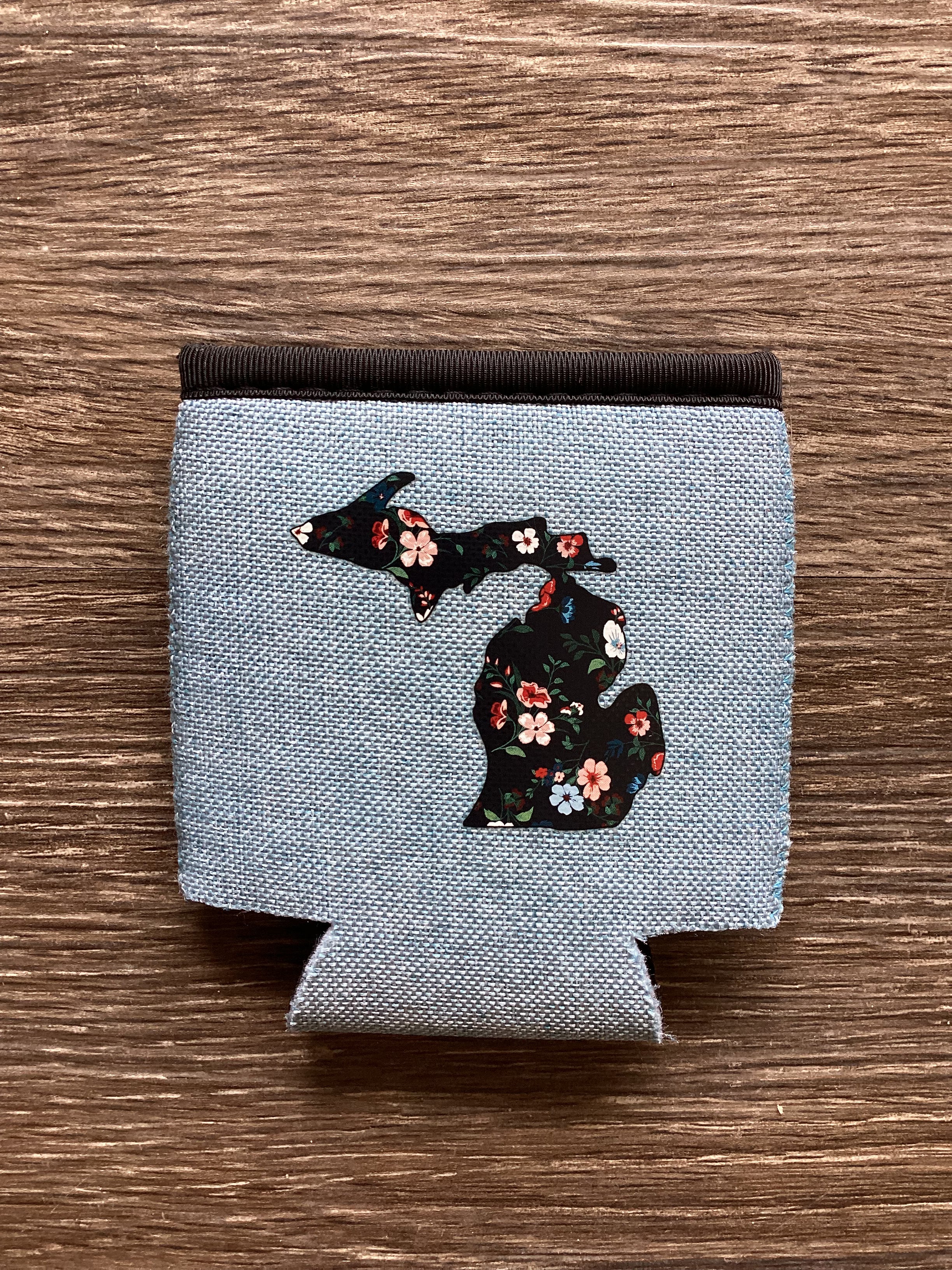 Black Floral - Michigan - Heather Blue Koozie