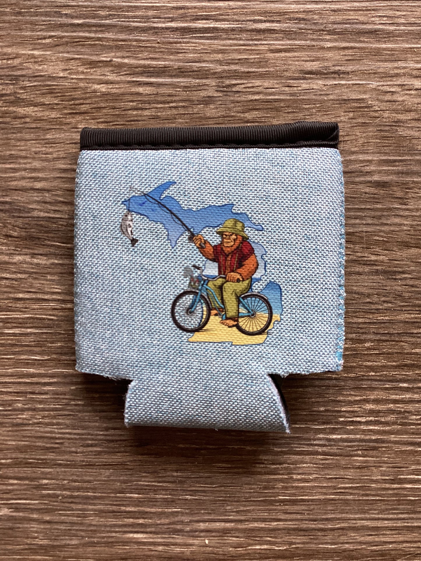 Sasquatch - Bike Fishing - Beach - Michigan - Heather Blue Koozie