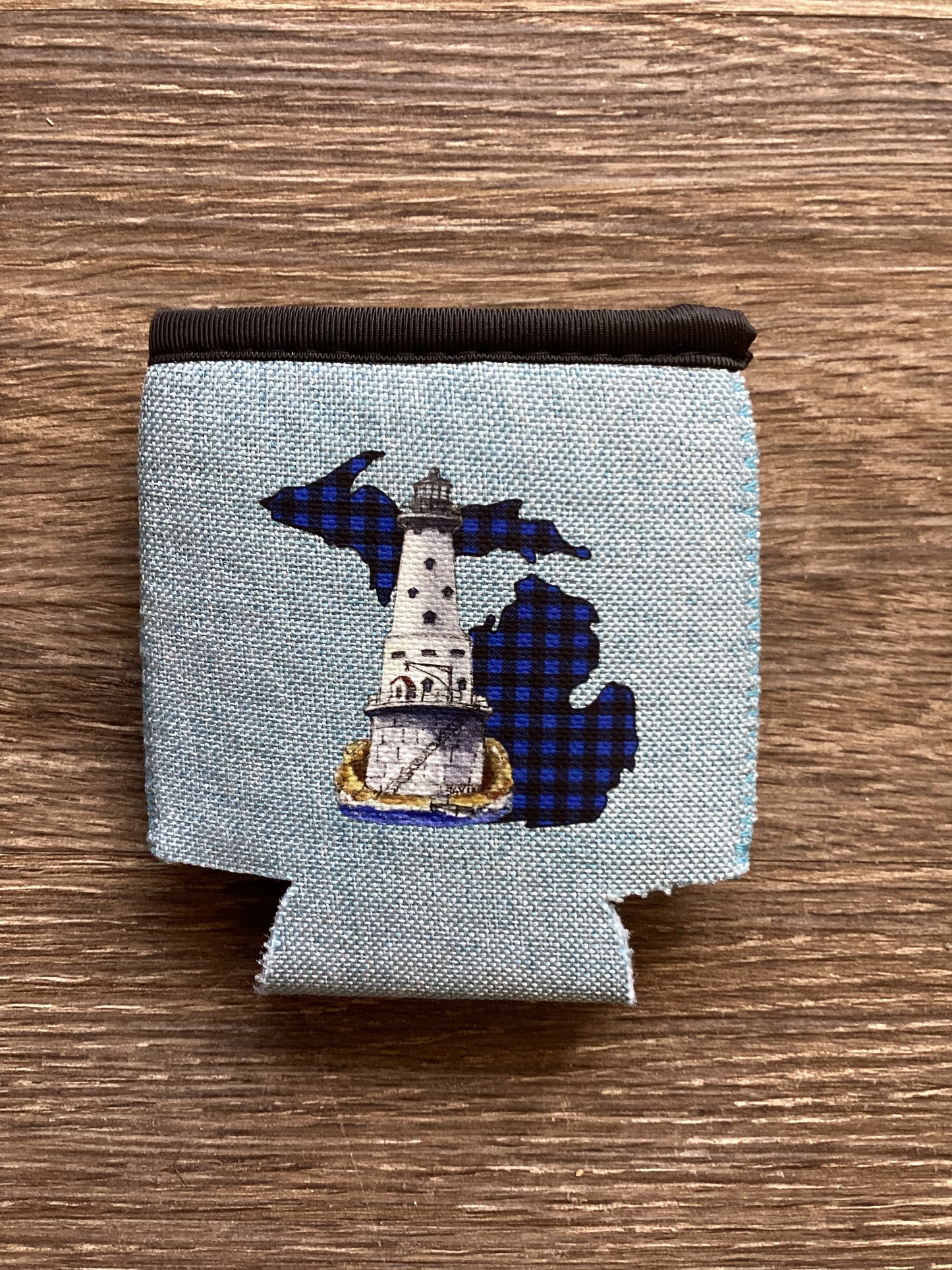 Lighthouse - Rock Of Ages - Plaid - Blue - Michigan - Heather Blue Koozie