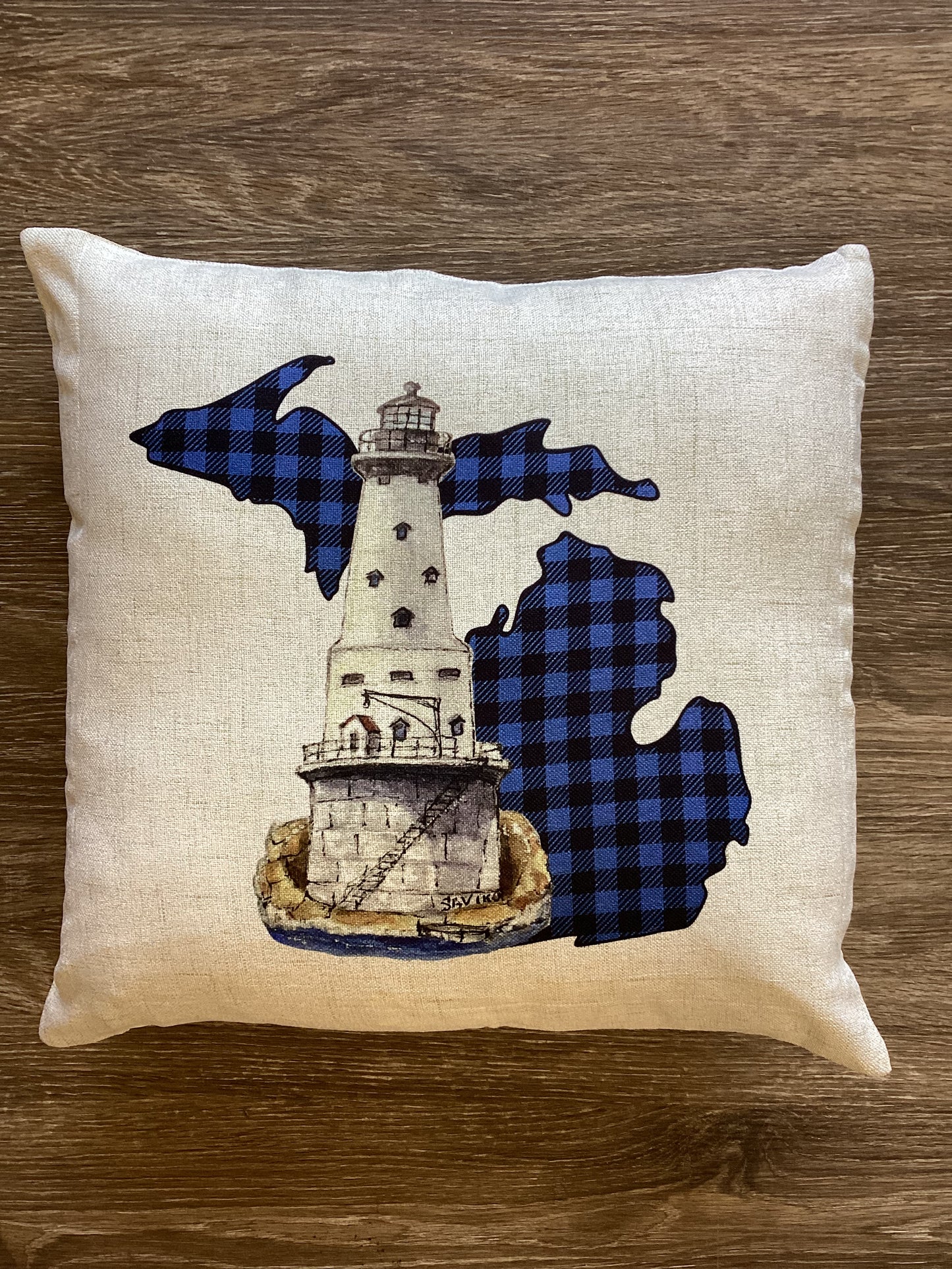 Lighthouse - Rock of Ages - Plaid - Blue - Michigan - Pillow