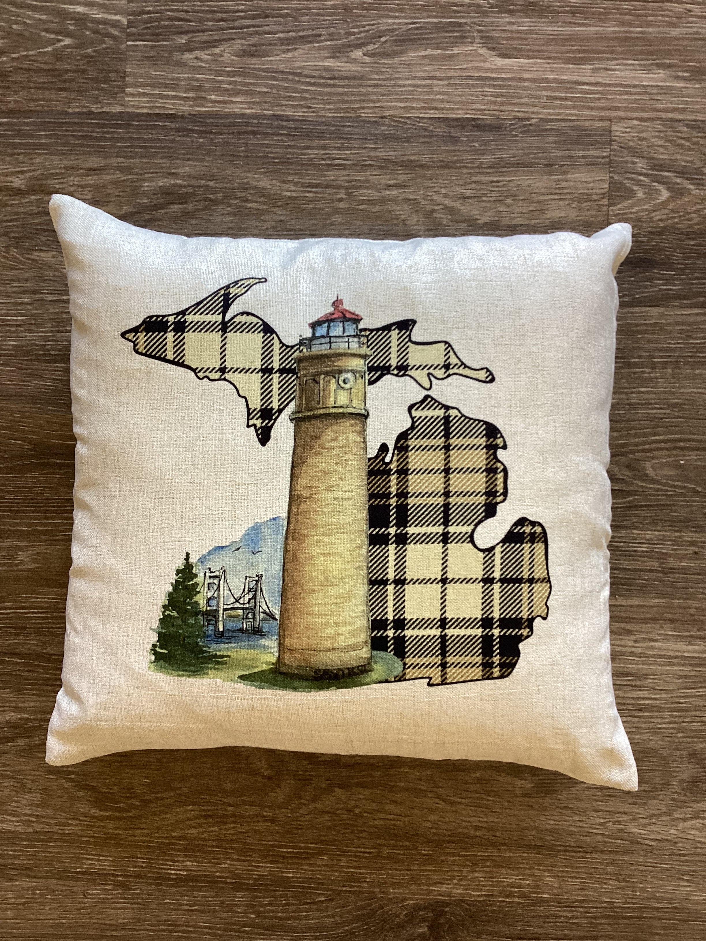 Lighthouse - Big Mac Point - Plaid - Brown - Michigan - Pillow