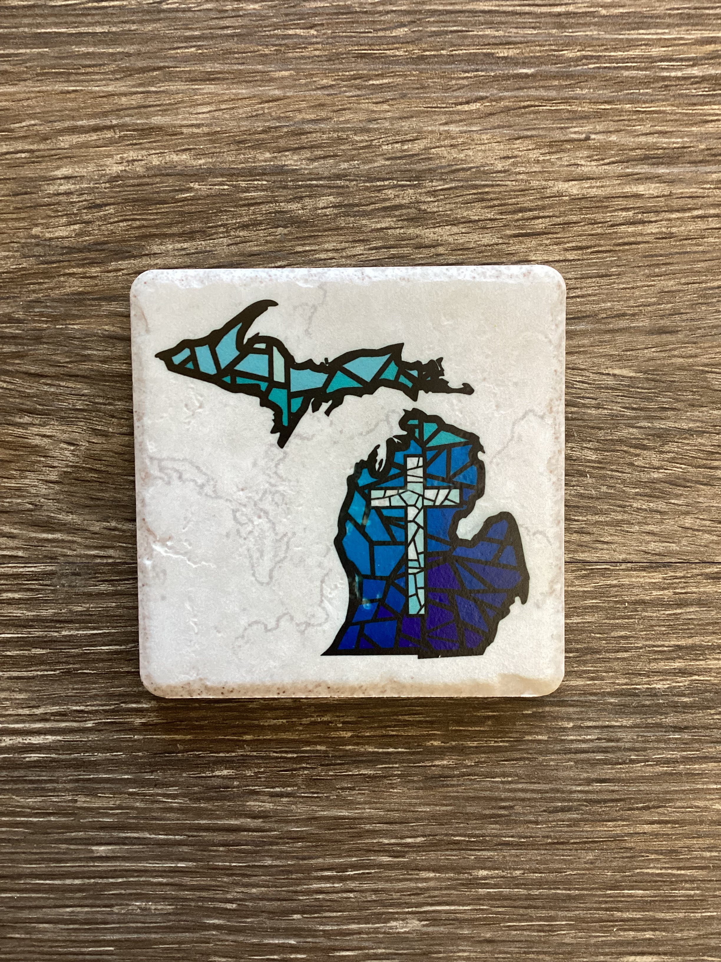 Stained Glass - Cross - Blue - Michigan - Coaster