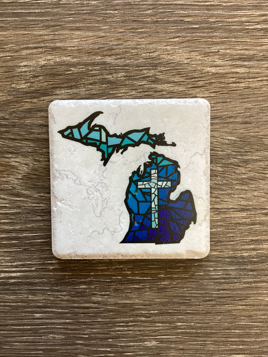 Stained Glass - Cross - Blue - Michigan - Coaster