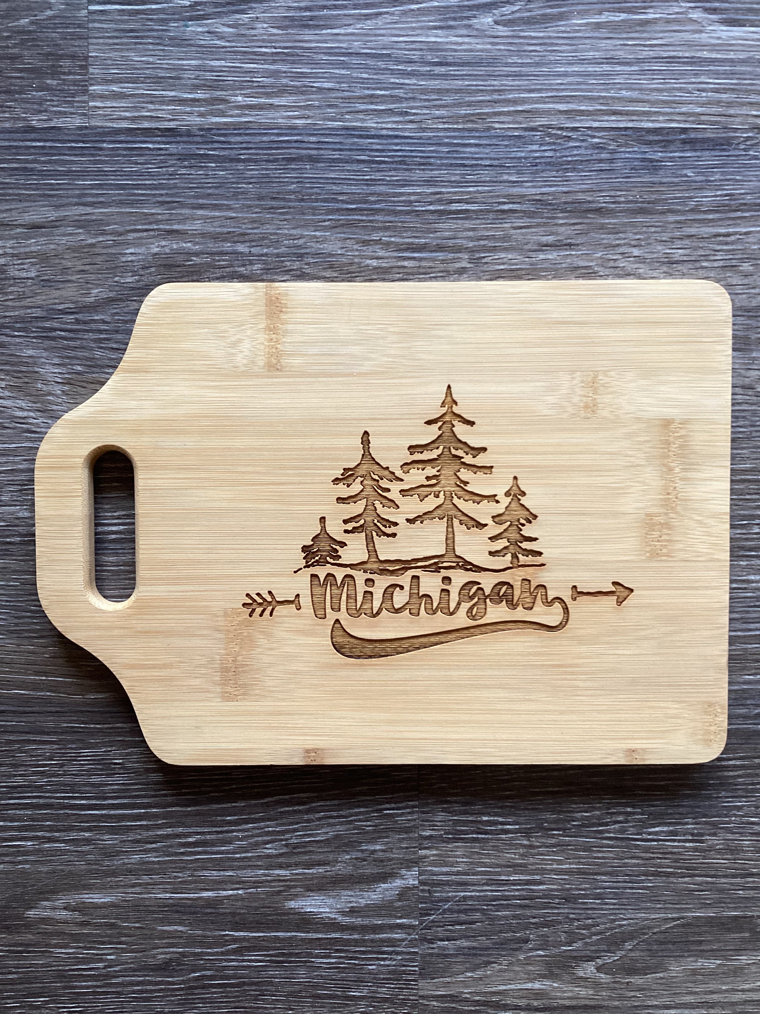 'Michigan' Forest - Word - Wooden Engraved - Cutting Board (13" x 9")