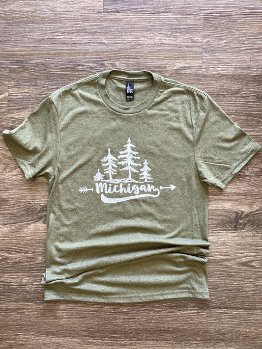 'Michigan' Forest -  Word - Military Green Frost - Tee Shirt