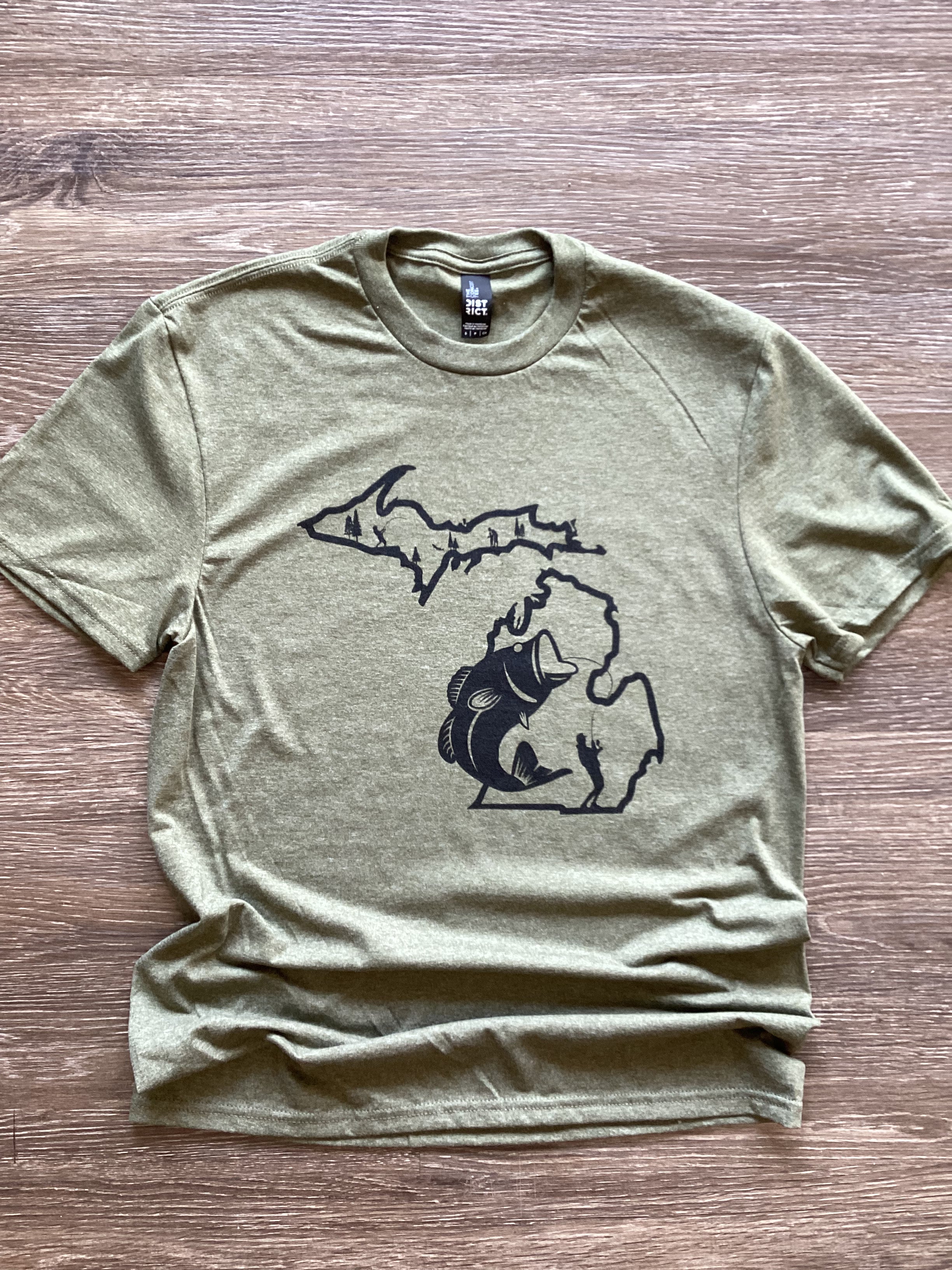 Outline - Fishing - Michigan - Military Green Frost - Tee Shirt