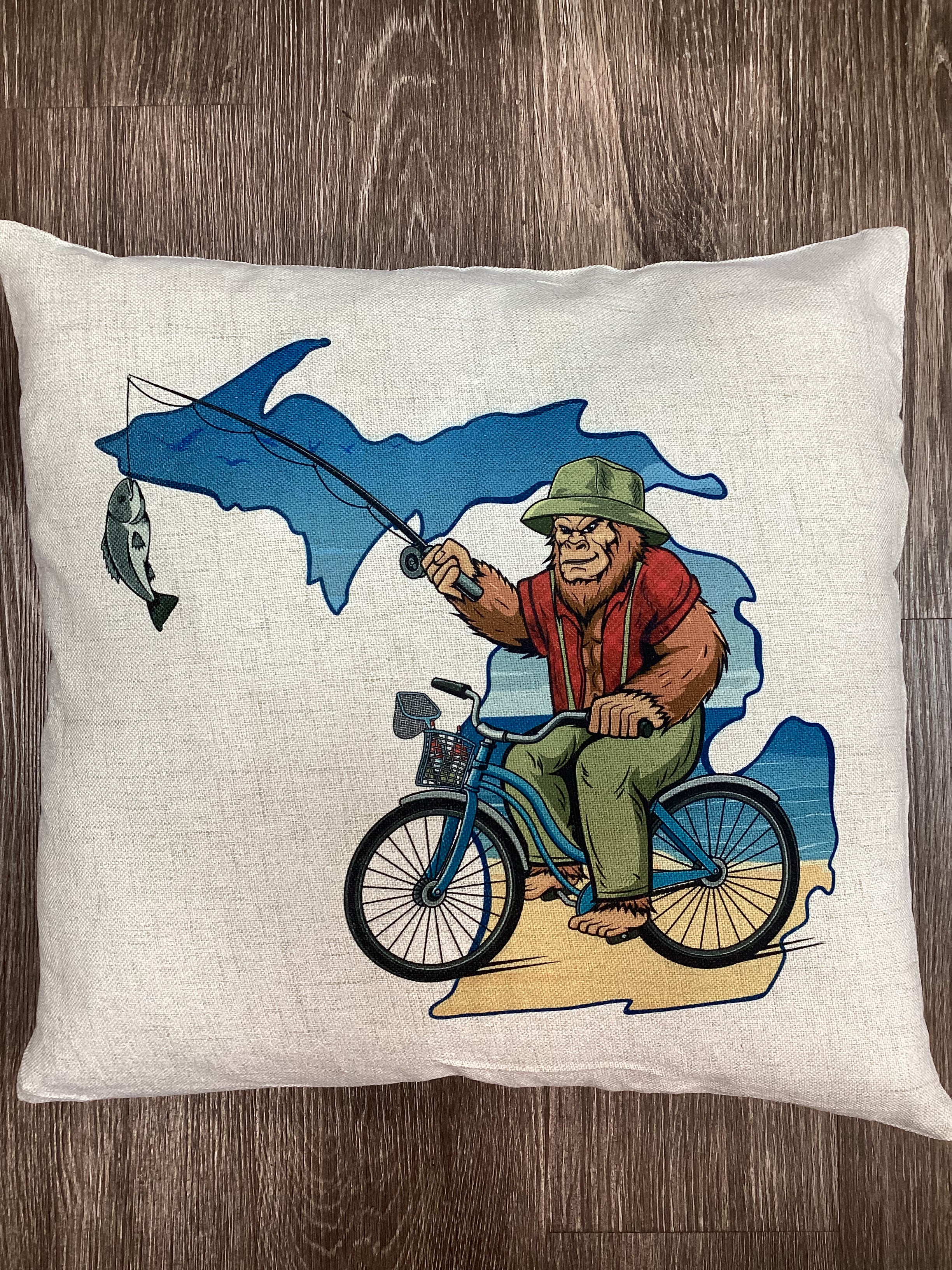 Sasquatch - Bike Fishing - Beach - Michigan - Pillow