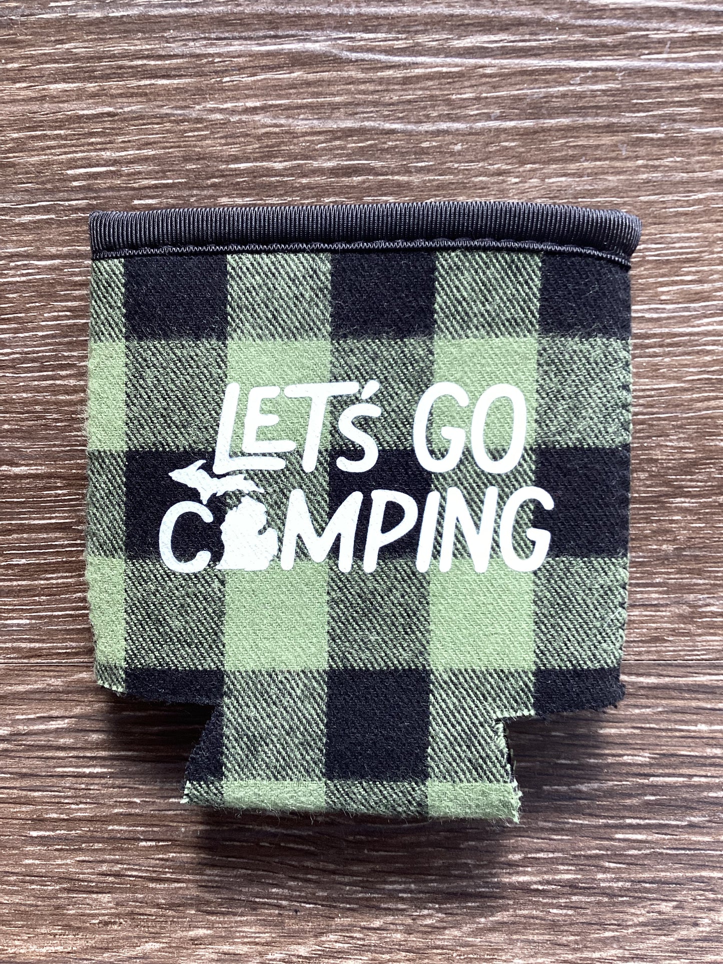 Let's Go Camping - Word - Green Plaid Koozie