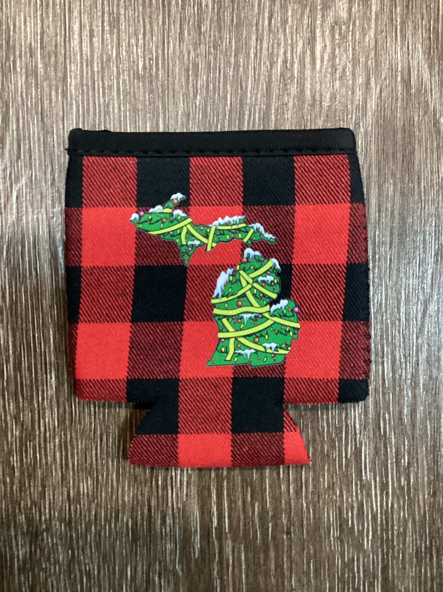 Christmas Tree - Snowy - Michigan - Buffalo Plaid Koozie