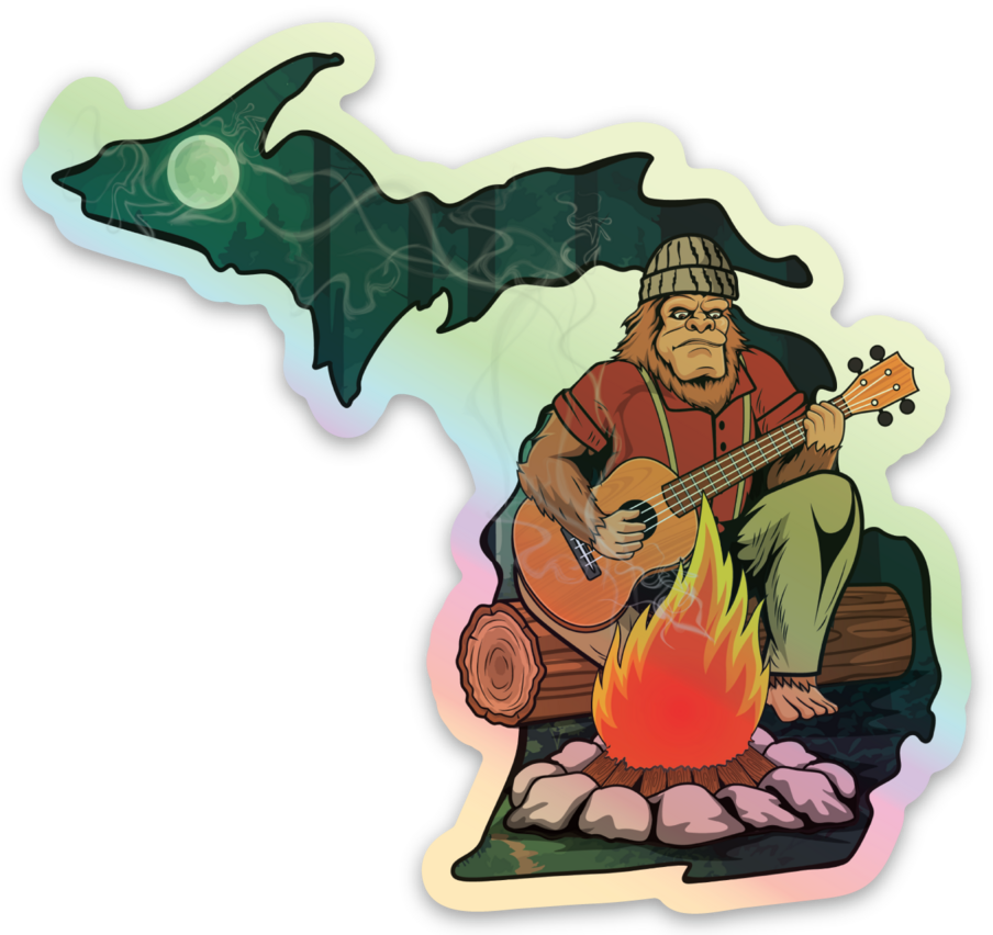 Sasquatch Campfire- Michigan - Waterproof Sticker (3" X 3")