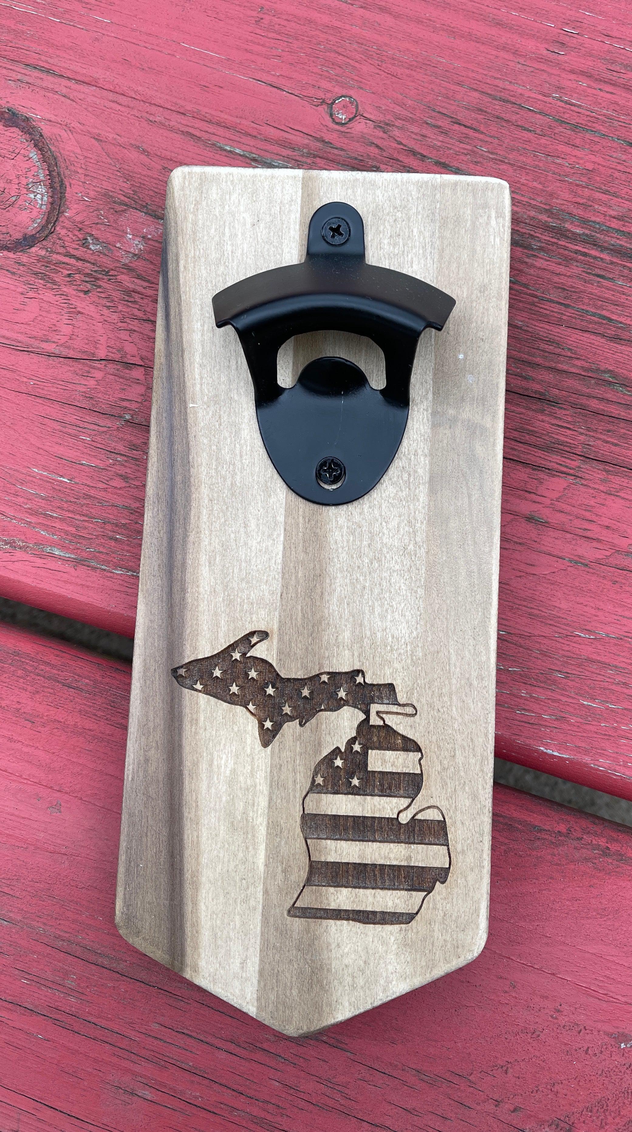 American Flag Michigan Wall-Mounted Engraved Wooden Bottle Opener W/ Magnet Catcher