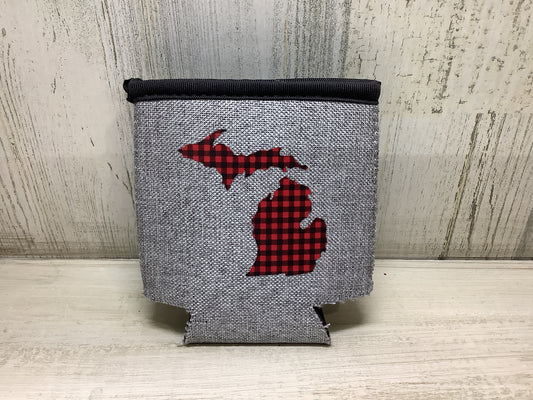 Red Plaid - Michigan - Heather Gray Koozie