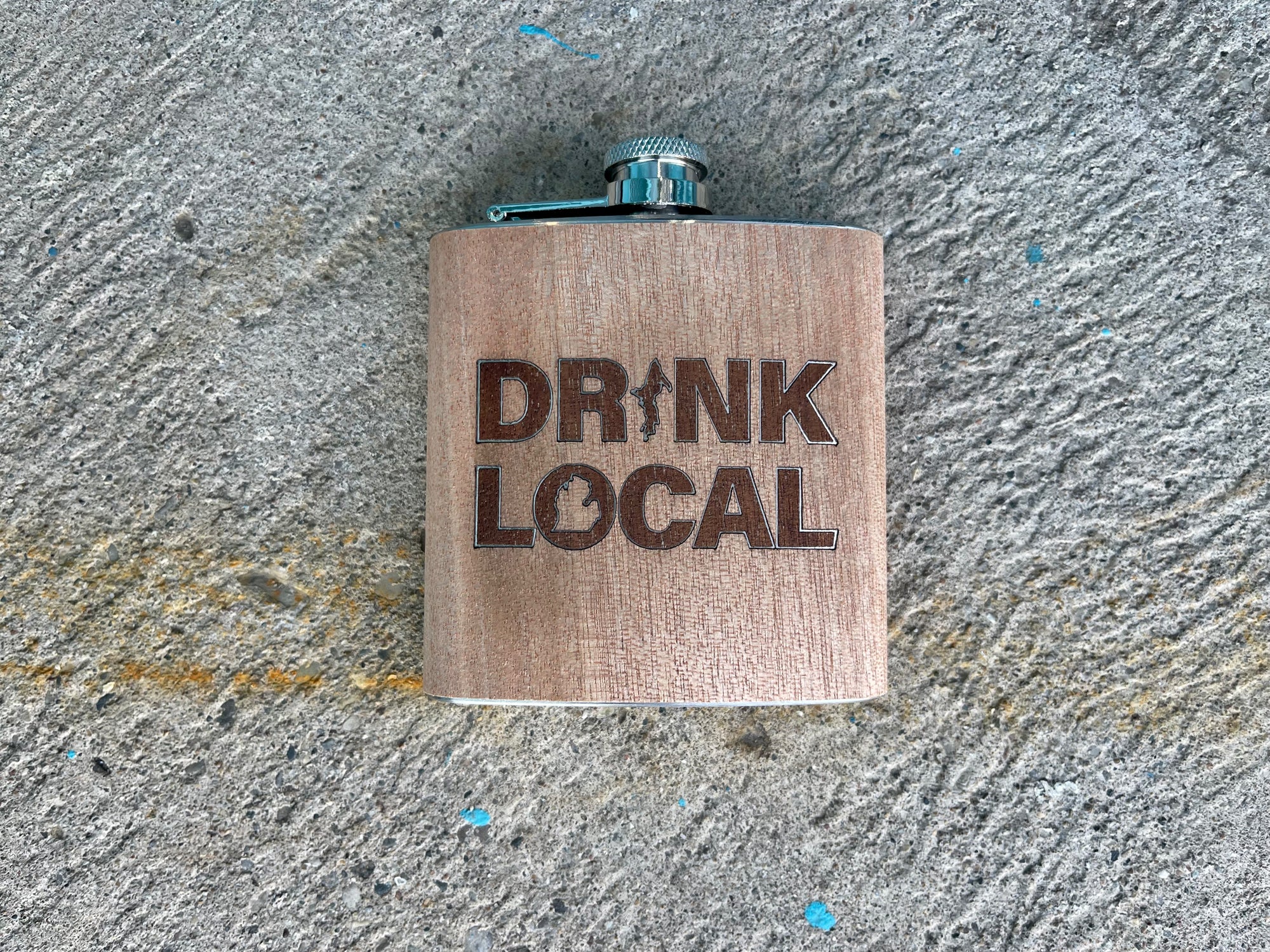 Drink Local - Word - Wooden Engraved - Flask