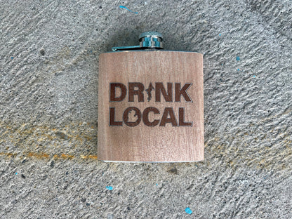 Drink Local - Word - Wooden Engraved - Flask