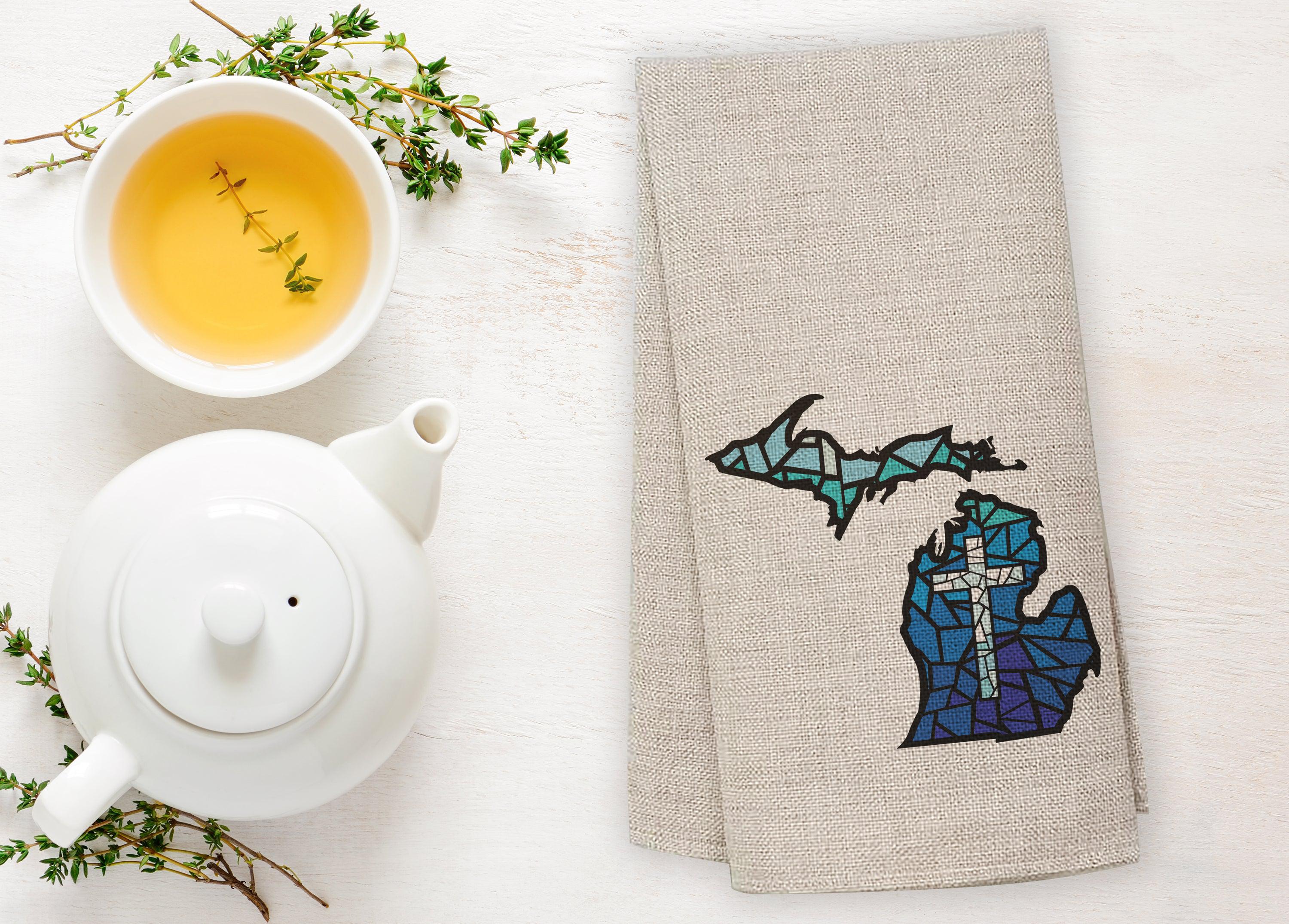 Stained Glass Cross - Michigan - Tea Towel