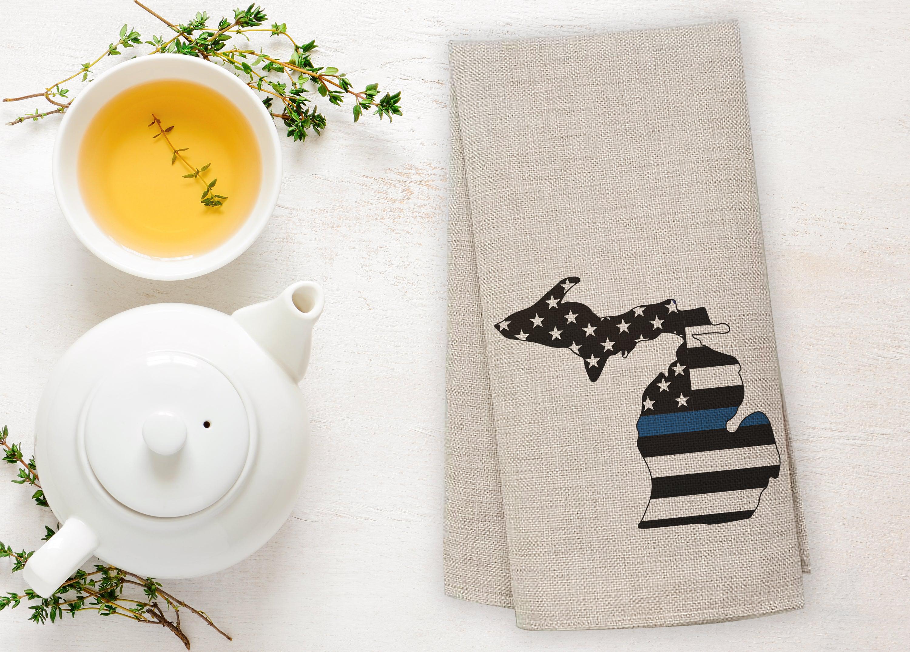 American Flag - Blue Line - Michigan - Tea Towel