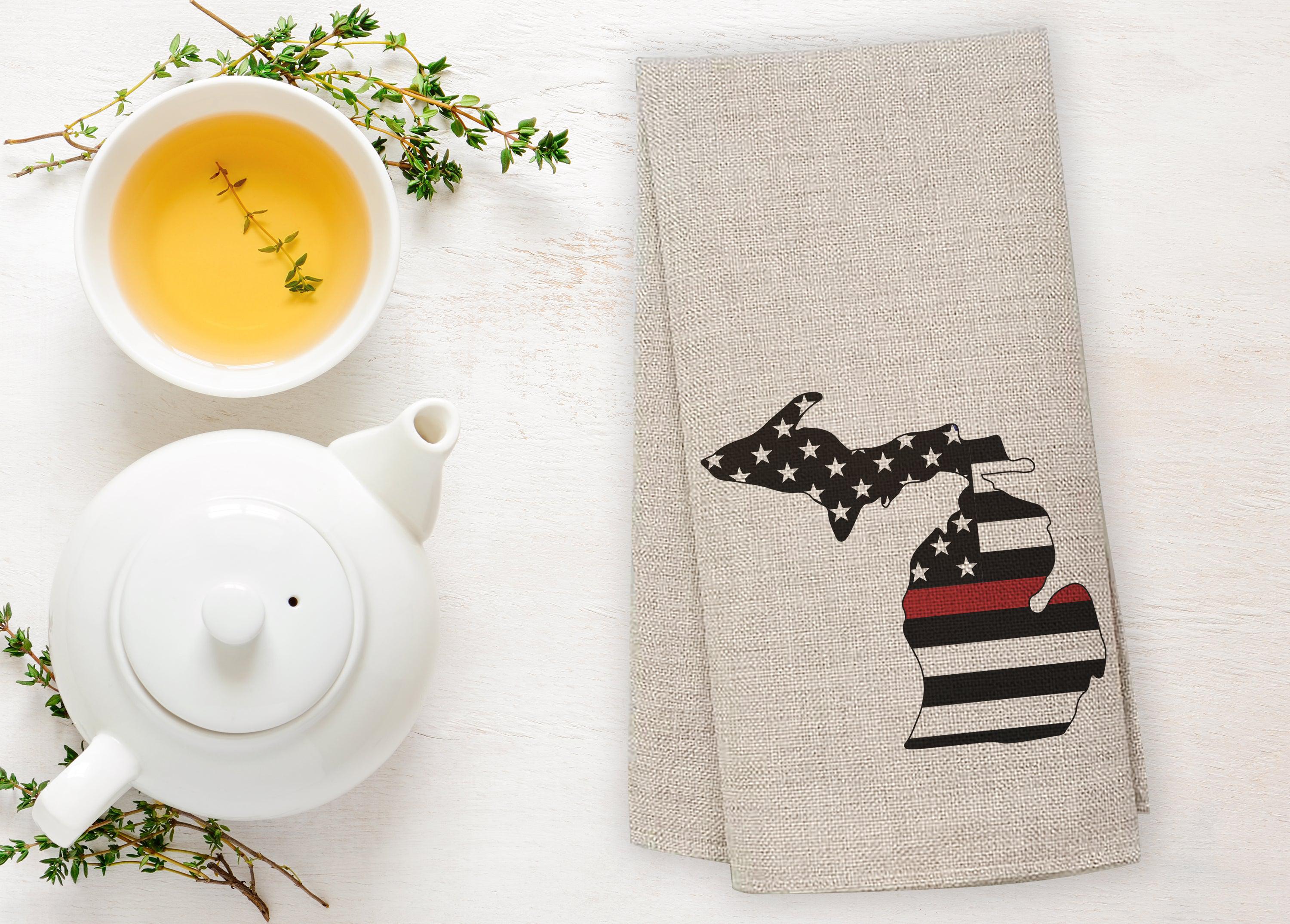 American Flag - Red Line - Michigan - Tea Towel